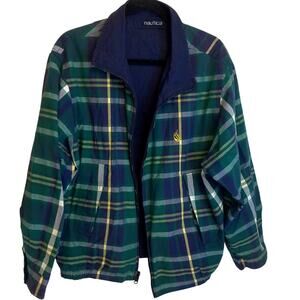 Vintage Nautica Reversible Bomber Blue Plaid Windbreaker Size Medium